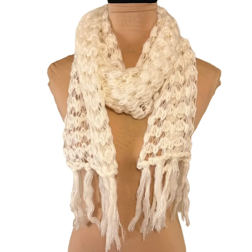 White Knit Scarf with Fringe